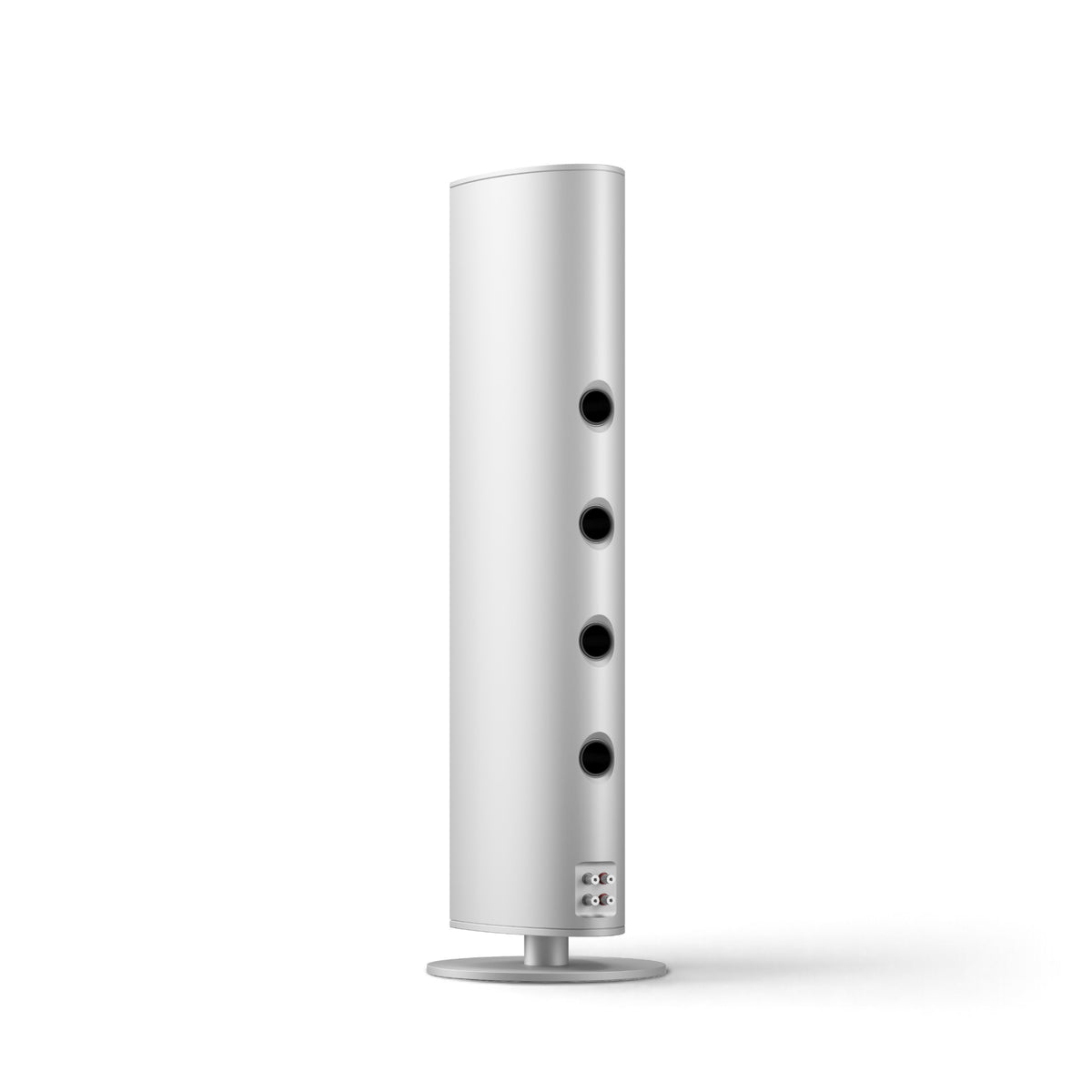 Piega Premium 801 Gen2 in Silber, Rückansicht mit vier Öffnungen und Anschlussfeld auf rundem Standfuß