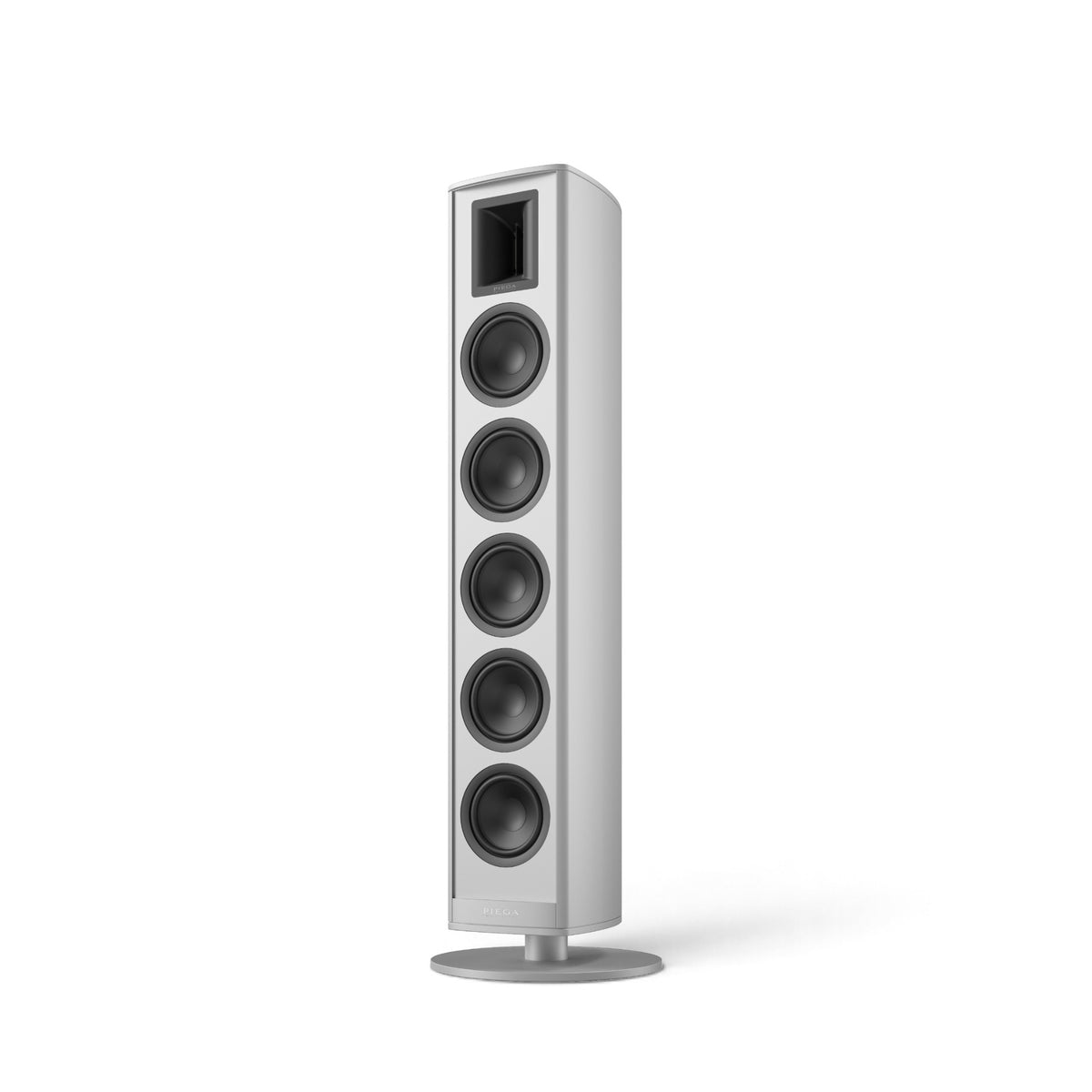 Piega Premium 801 Gen2 in Silber, von schräg vorn ohne Abdeckung auf rundem Standfuß
