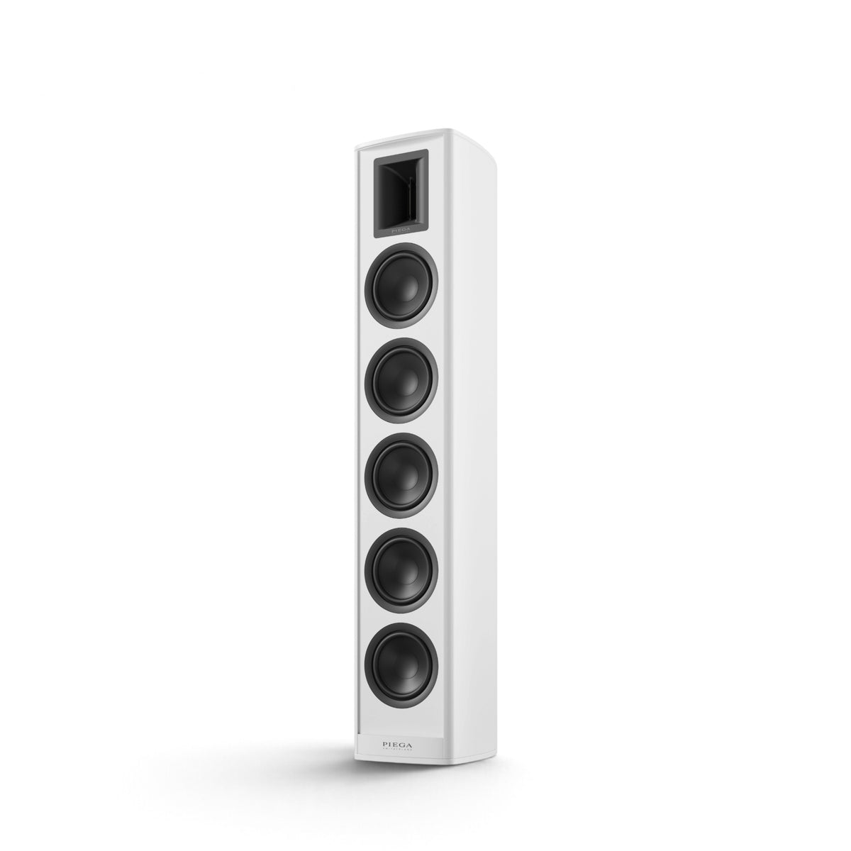 Piega Premium 801 Gen2 in Weiß, von schräg vorn ohne Abdeckung und ohne erhöhten Standfuß